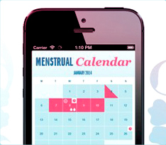 Foto di un cellulare con un calendario mestruale sul display. L’immagine illustra l’aspetto dell’app Calendario Mestruale o.b.®.